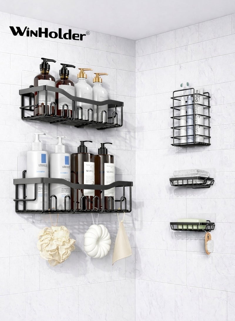 وين هولدر طقم منظم حمام 5 قطع، رف دش لاصق، بدون ثقب، سعة كبيرة، ستانلس ستيل مقاوم للصدأ، مزود بـ 4 خطافات، رفوف لتنظيم الدش من الداخل - لون أسود - Image 1